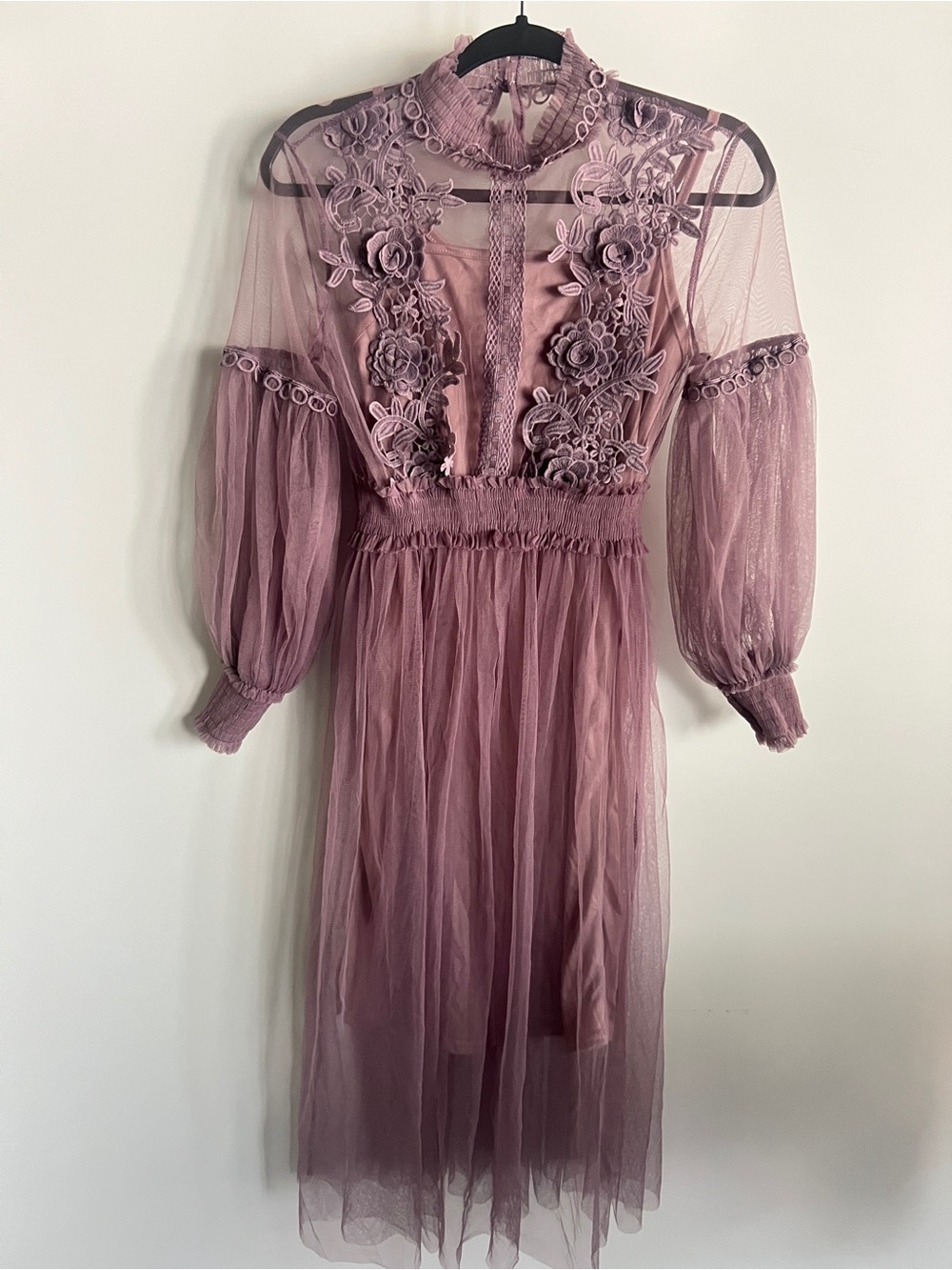 Mauve and Lavender Lace Appliqué Tulle Midi Dress